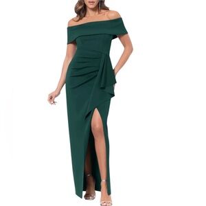 NEW XSCAPE Side Ruffle‎ Off the Shoulder Gown in Hunter Green Size 16